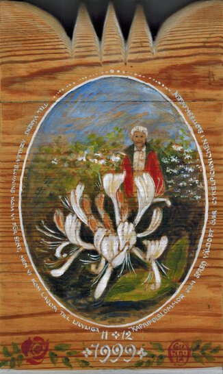 Erik i Azaleadalen i Slottskogen. Målning på trä av Gunilla Sjögren